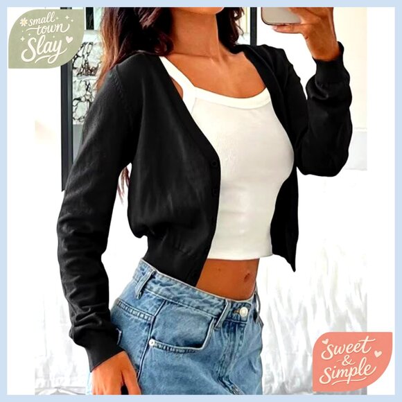 Cropped Long Sleeve Cardigan Open Front Button Down V Neck Sweater - Picture 2 of 7